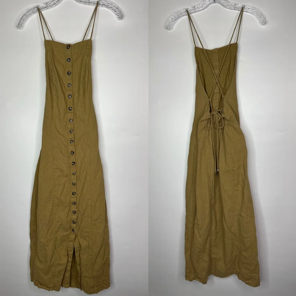 Free People Brown Linen Cotton Backless Button Dress Size XS - Picture 2 of 10